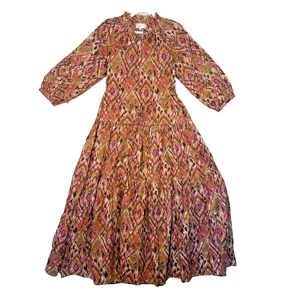Dear John Dress Womens XS Geometric Maxi 3/4 Sleeve Boho Tiered Layered